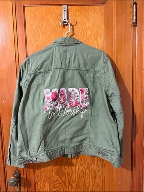 Old Navy Olive Green Jean Jacket with Floral "Made to Worship" Patch